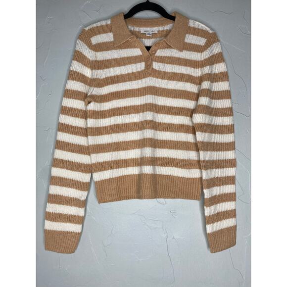 American Eagle Tan and White Striped Collared Sweater - Picture 2 of 7